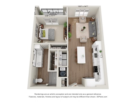 Floor plan for 1 bed, 1 bath, 792 sqft